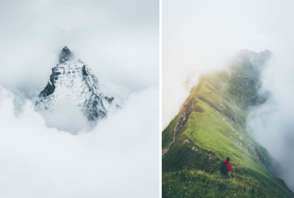 Foggy weather can elevate your mountain pictures: On the left, a photo taken during winter, on the right during summer