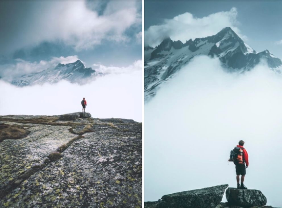 Comparison of two pictures of a man on the precipice of a mountain: Wide angle versus telephoto range