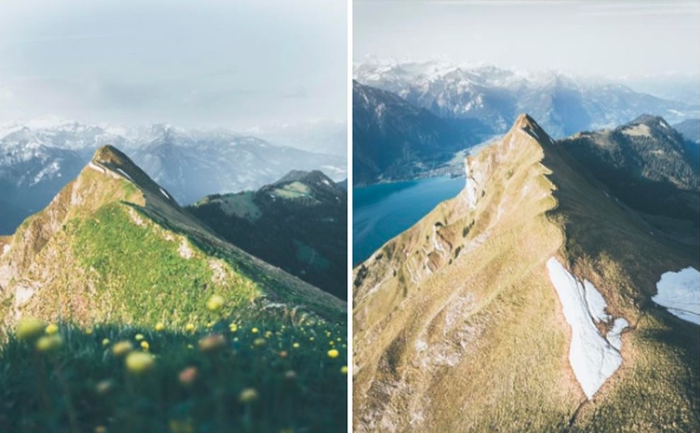 Comparison of two pictures of a mountain peak, showing different perspectives in landscape photography