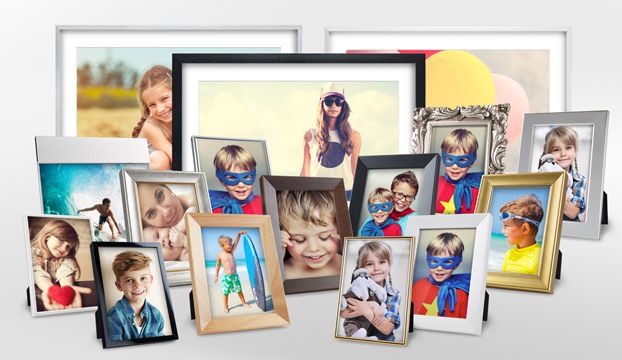 Photos displayed in a variety of different frames