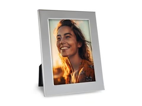 Chrome frame with a portrait picture of a young woman in the sunshine
