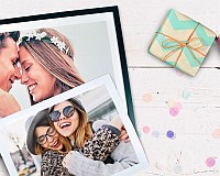 Photo gift ideas: Framed pictures on a table with confetti