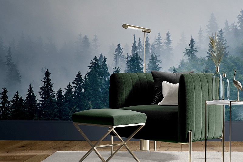 Wallpaper showing a forest in a living room with green decoration