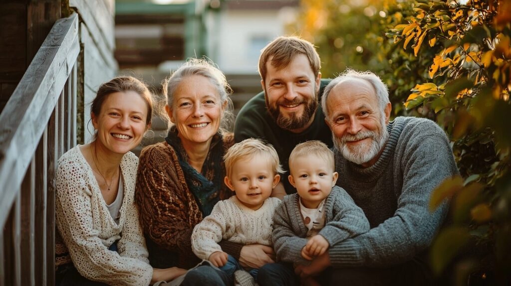 Family photo taken outside of parents with their kids and grandparents while they are sitting on stairs.